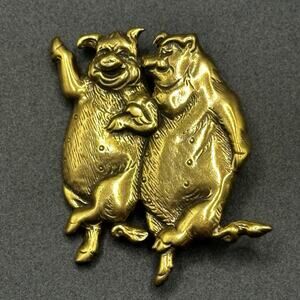 Vintage MFA Museum Fine Arts Gold Tone Dancing Pigs Brooch Pin Farm